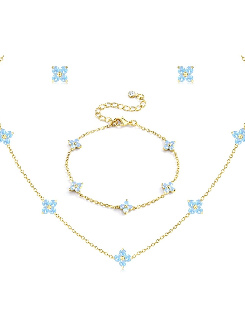 Blue CZ Flower Four Leaf 14K Gold Plated Necklace, Earrings & Bracelet Set